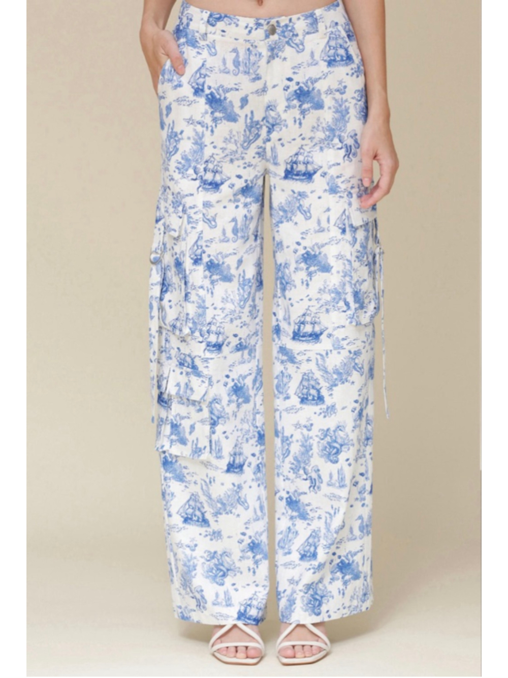 Avec Les Filles linen blend White Blue Toile Print Wide Leg Cargo Pants M